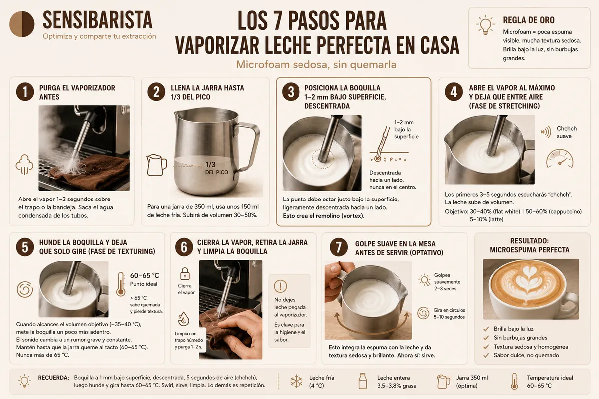 Infografía con los 7 pasos para vaporizar leche perfecta en casa — purgar el vaporizador, llenar la jarra hasta el pico, posicionar la boquilla 1-2 mm bajo la superficie descentrada, abrir el vapor para la fase de stretching, hundir la boquilla para la fase de texturing hasta 60-65 °C, cerrar el vapor y limpiar la boquilla, y finalmente swirl en la jarra antes de servir